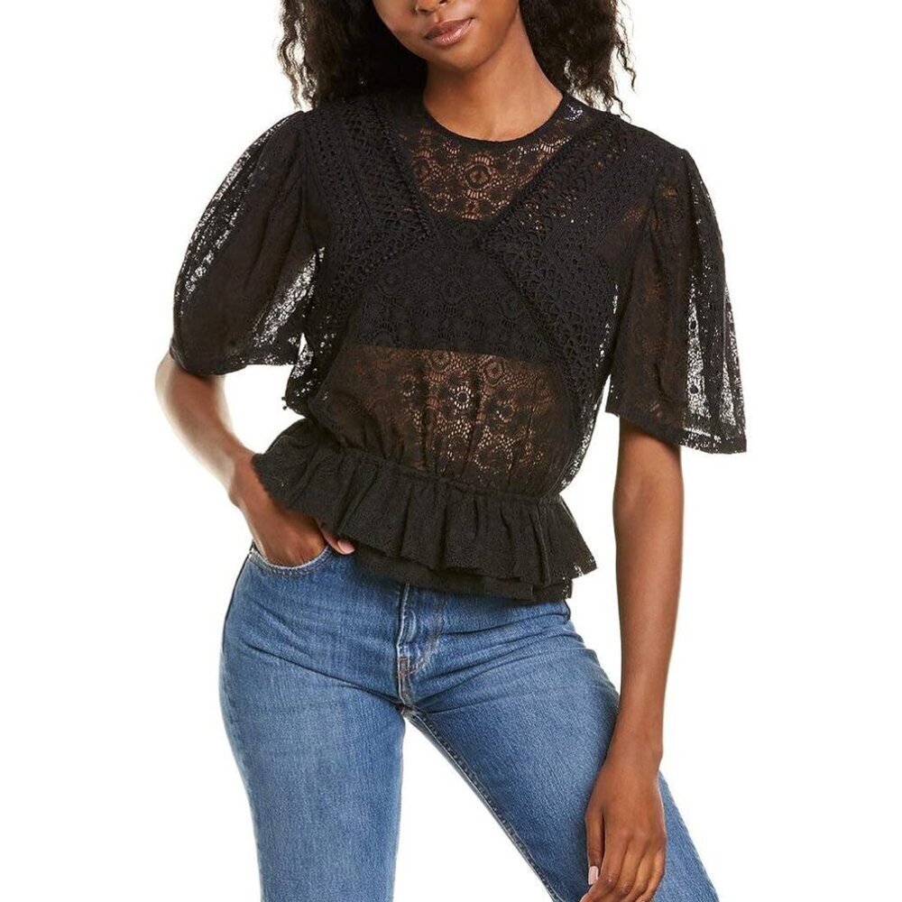 NWT IRO Black Lace Crochet Sheer Short Sleeve Ruffle Hem Top